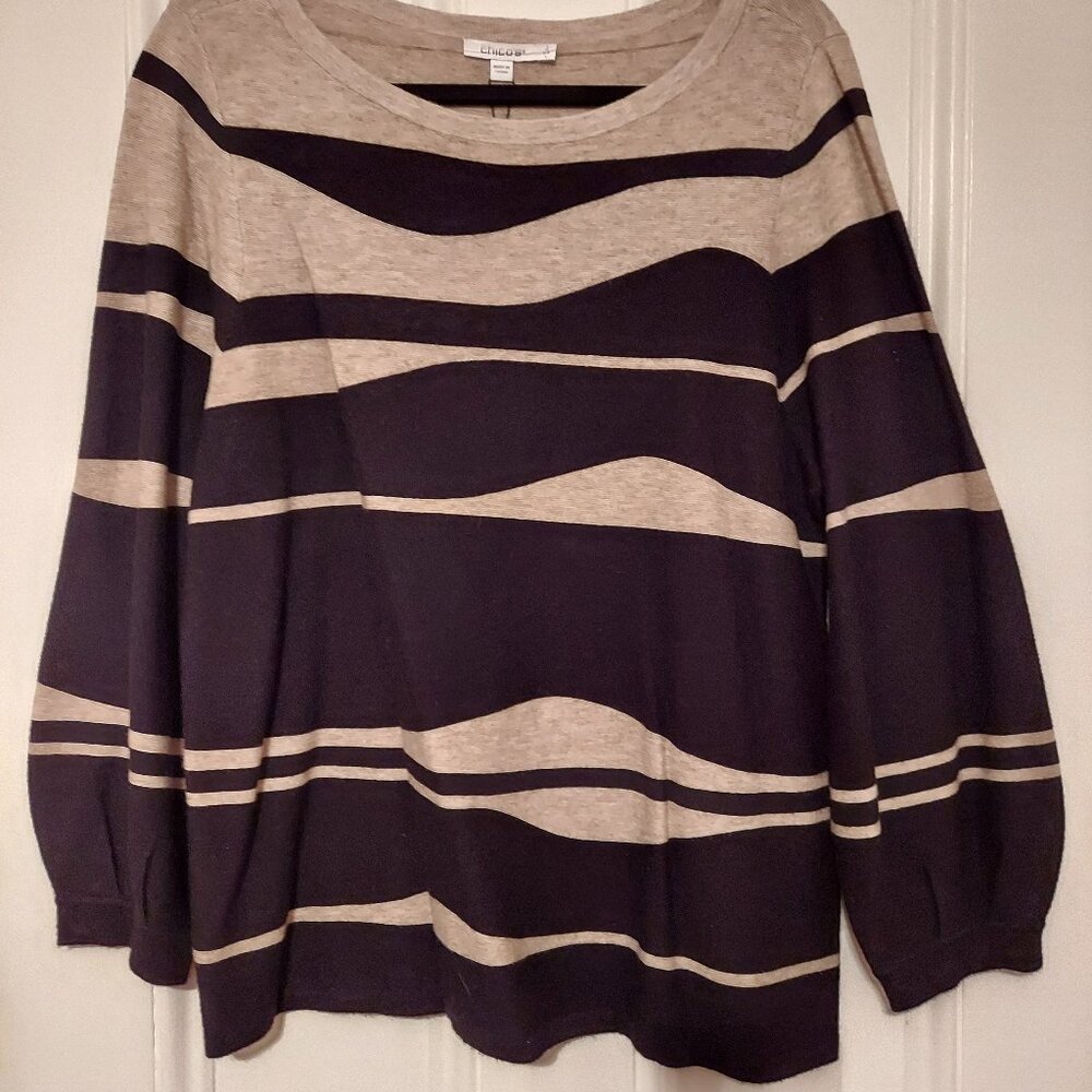 NWT Chico's Tan & Black Crew Neck Puff Sleeve Sweater in size 2 (12/14)